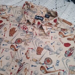Carlyle‎ Mens XL 100% Cotton Golf Theme Novelty 1/2 Button Down Shirt Eagle Par